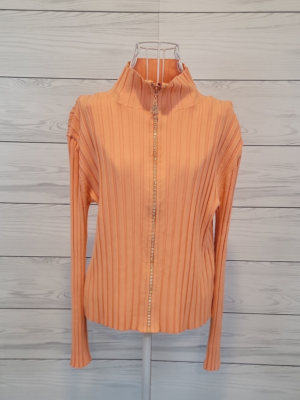 Belldini Peach Ribbed Zip-Up Mock Neck Sweater with Crystals Womens Size XL